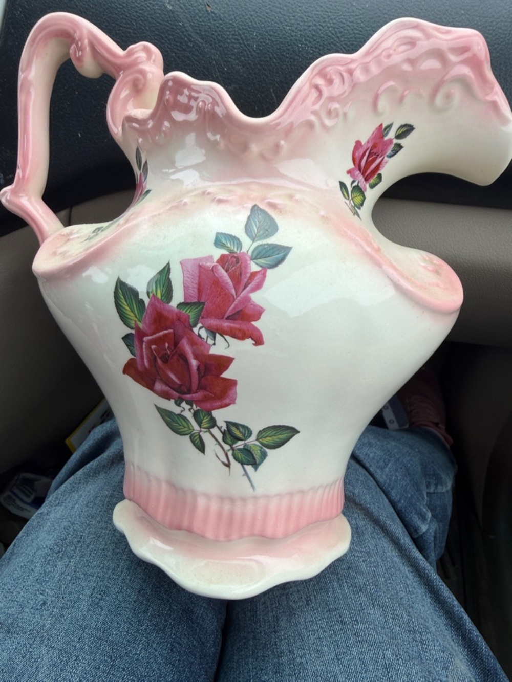 Pink & White Floral Ceramic Pitcher with Rose Motif